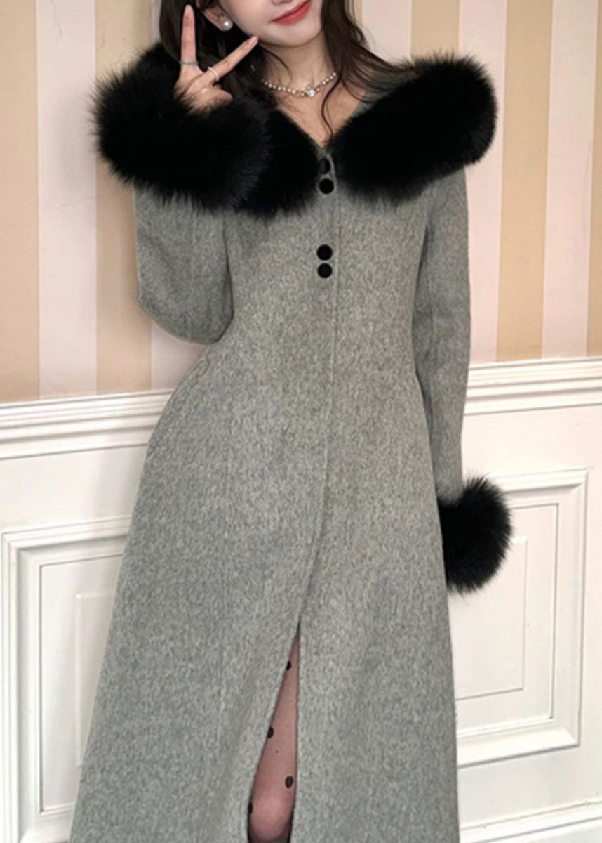 Grey Fur Collar Patchwork Woolen Coat Spring
