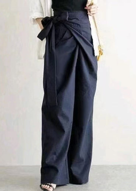 White Asymmetrical Side Tie Waist Linen Straight Pants Fall
