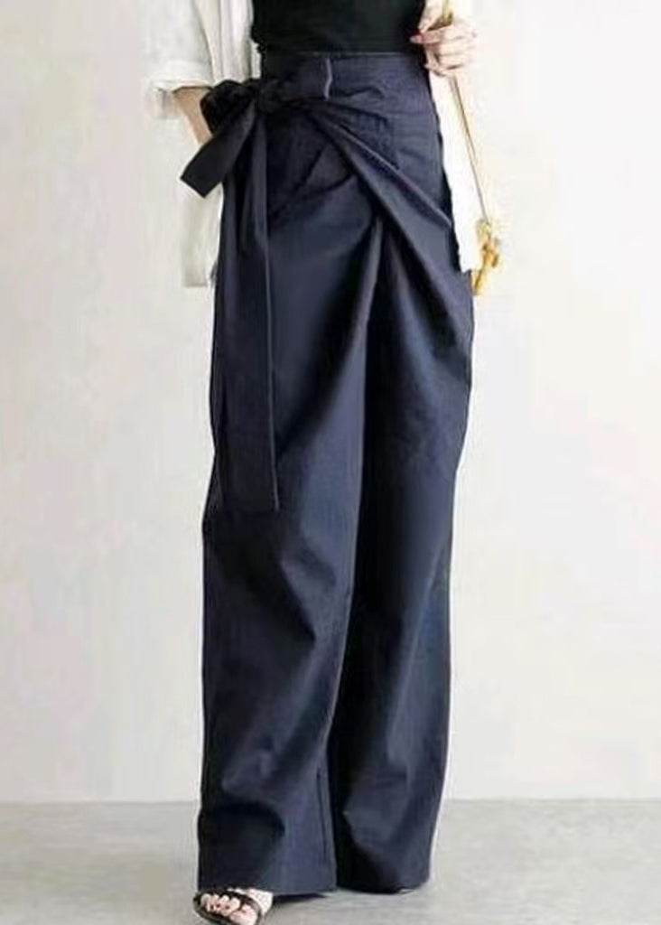 White Asymmetrical Side Tie Waist Linen Straight Pants Fall