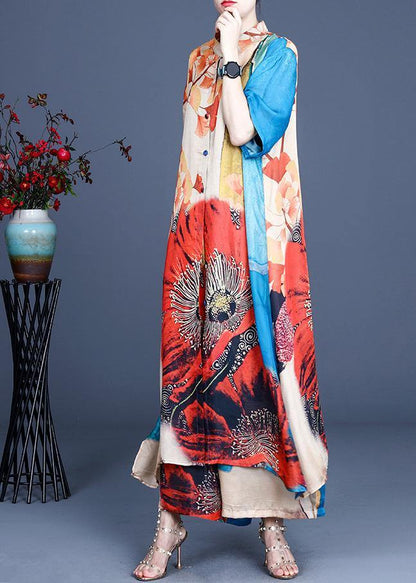 Fine Blue Print Stand Silk Two Piece Outfit Summer