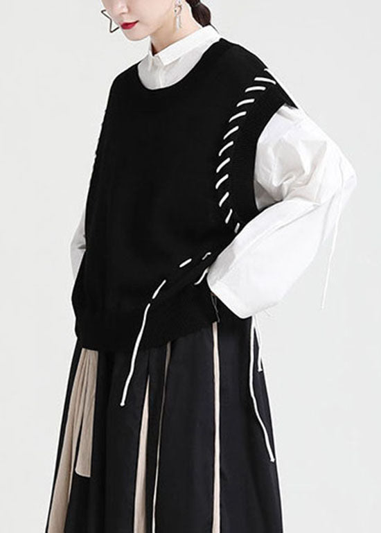Black Knit Vest O-neck Drawstring Asymmetrical Spring