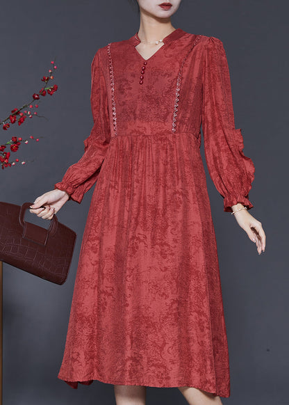 Red Ruffled Jacquard Cotton Robe Dresses Spring