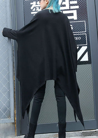 Fitted Black O-neck Asymmetrical Design Loose Fall Long Sleeve Top