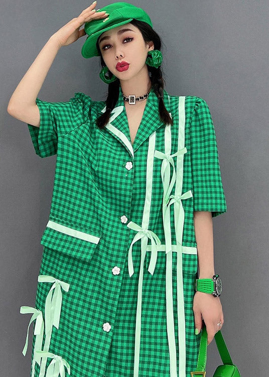 Green Peter Pan Bow Collar Plaid Button Shirt Short Sleeve