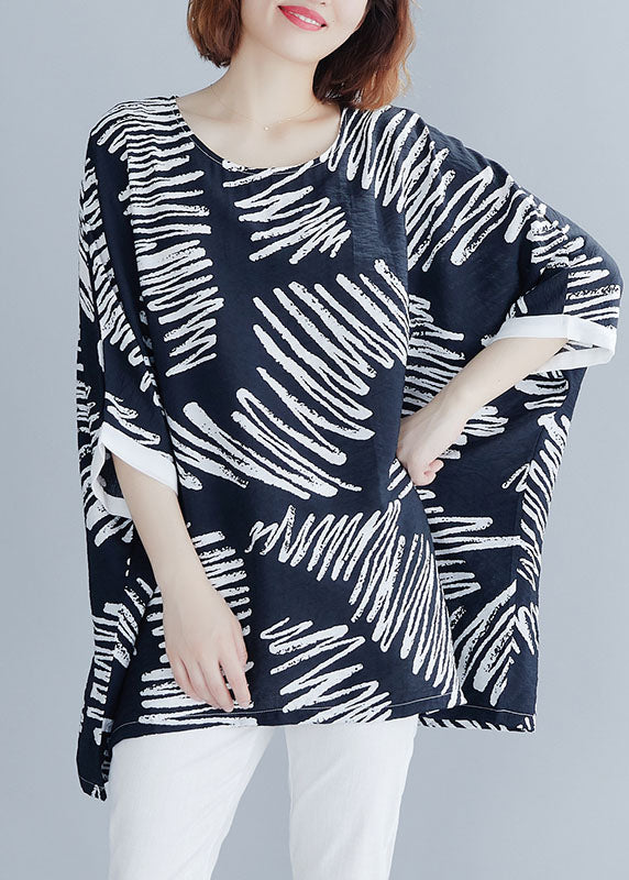 Black O-neck Asymmetrical Print Cotton Shirt Top Summer