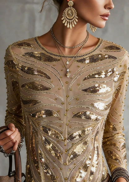 Gold O Neck Nail Bead Slim Fit Tulle Top Spring