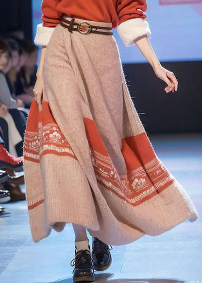 Art Red V Neck Print Cotton Knit Sweaters and Maxi Skirts Two Pieces Set Fall