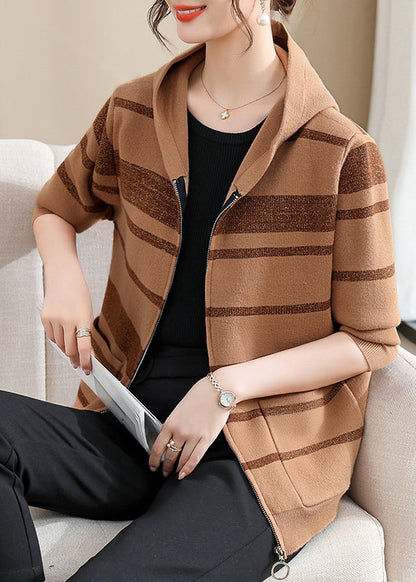 Fine Coffee Striped Patchwork Cotton Knit Hooded Cardigans Fall