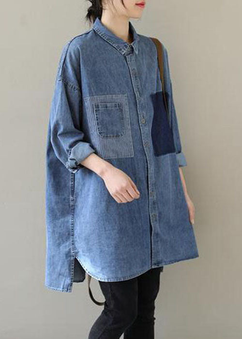 Organic Blue Peter Pan Collar Denim Blouses Spring