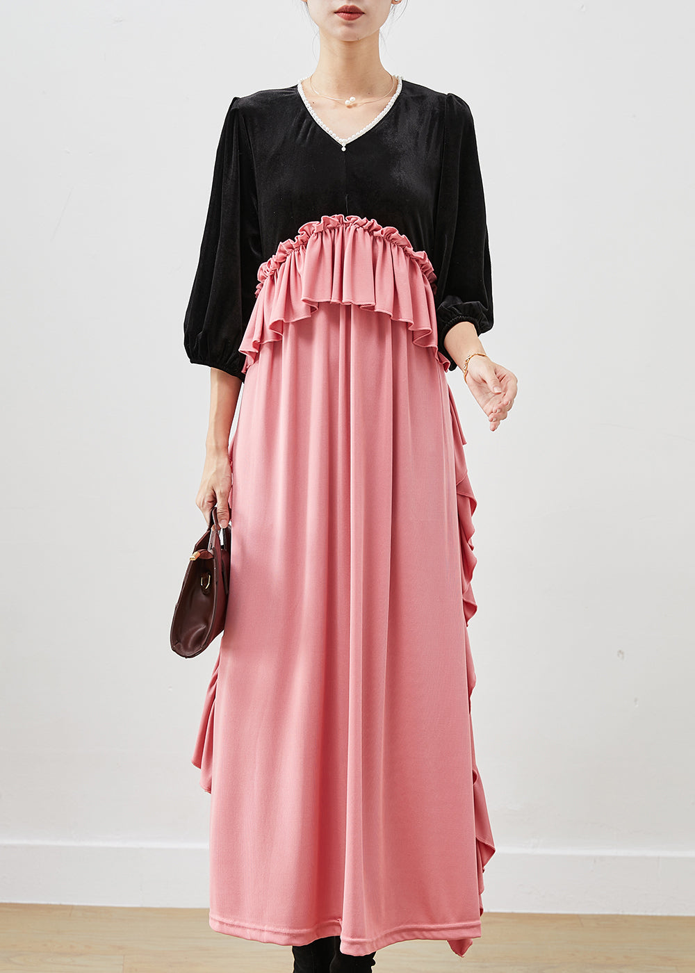 Colorblock Ruffled Patchwork Silk Velour Long Dress Fall