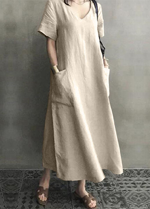 100% Cotton Short Sleeve V-neck Side Pocket Dress