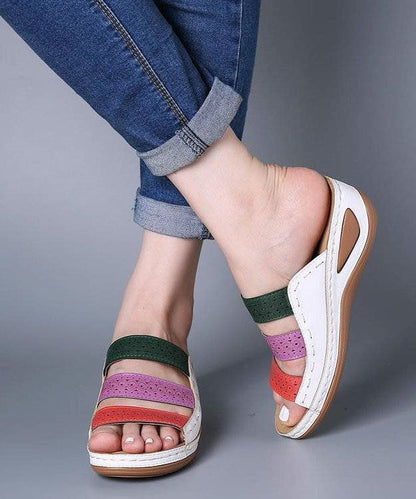 White Slide Sandals Wedge Faux Leather Simple Splicing