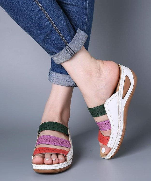 White Slide Sandals Wedge Faux Leather Simple Splicing