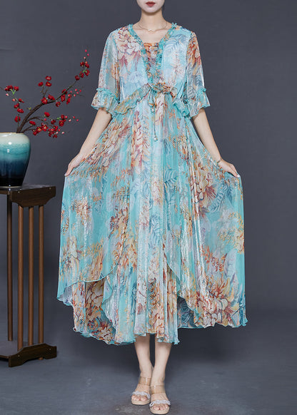 Blue Ruffled Print Silk Ankle Dress Summer
