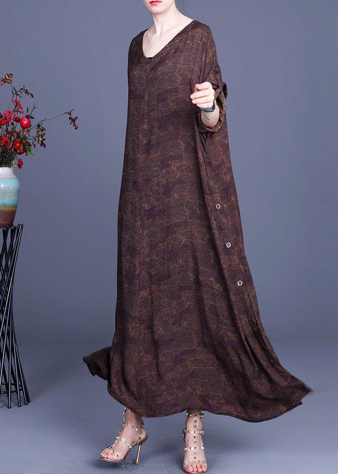 Style Chocolate Print V Neck Side Open Chiffon Dresses Summer