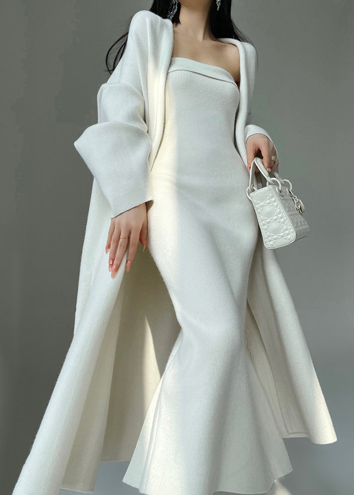 New White Cozy Cardigan and Dress Knit Two Pieces Set Spring