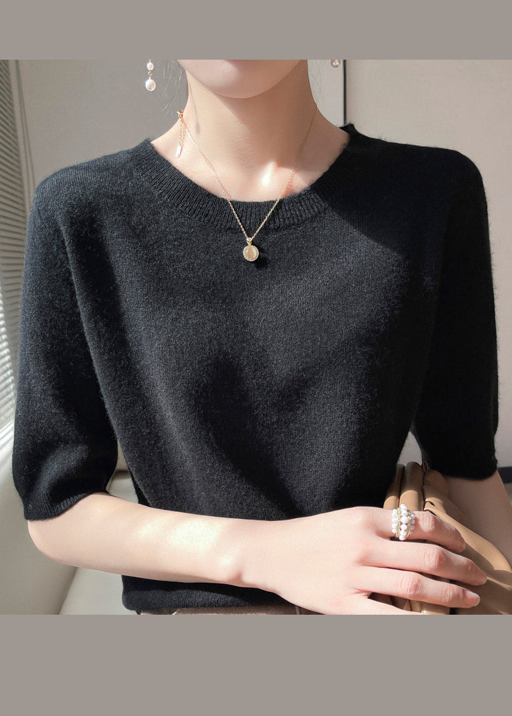 Apricot O Neck Cashmere Sweater Tops Half Sleeve