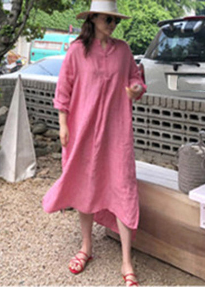 Stylish Pink V Neck Button Side Open Low High Design Linen Dress Long Sleeve