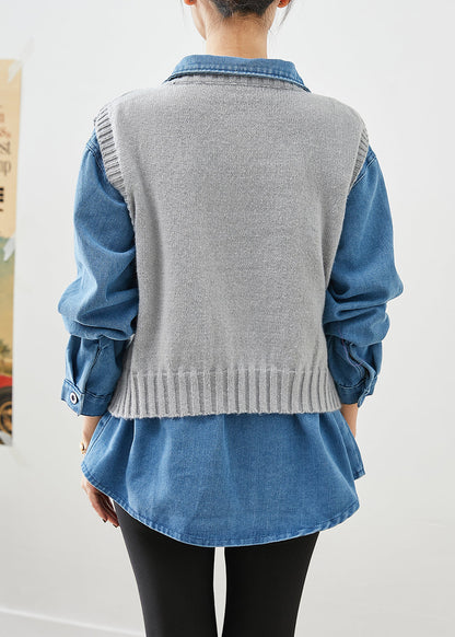 Oversized Thick Knit Vest and Denim Shirt Two Piece Set Outfits Fall