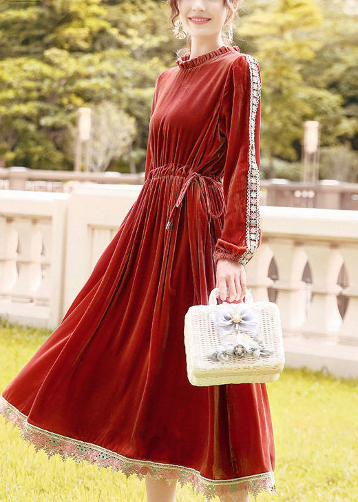 Orange Cinched Patchwork Lace Silk Velour Long Dress Spring