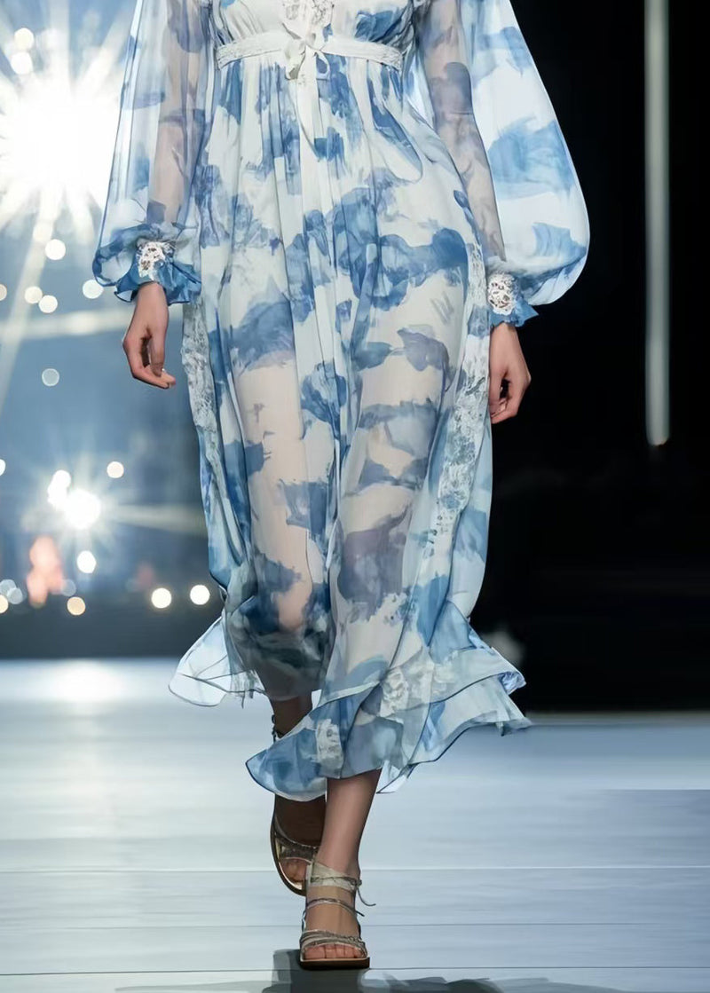 Sky Blue Print Draping Chiffon Vacation Dresses Summer