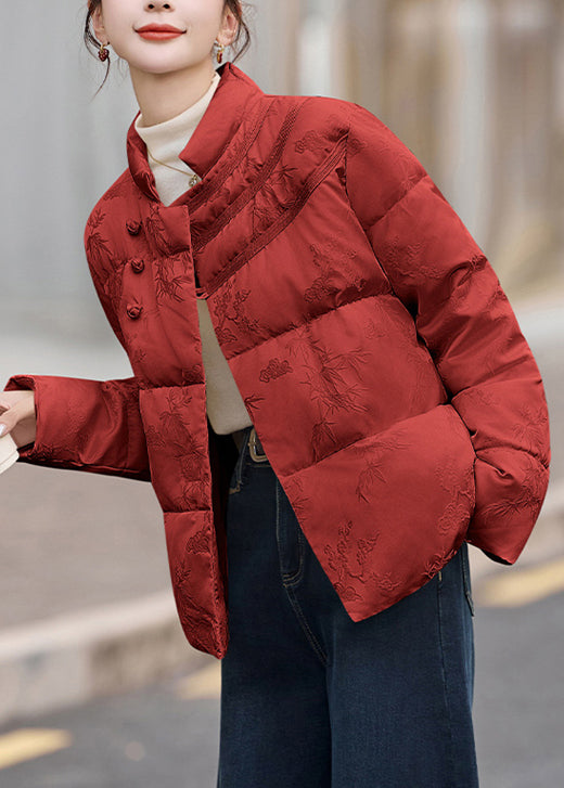 Red Stand Collar Jacquard Duck Down Puffers Jackets Winter