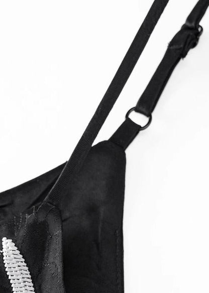 Fine Black Embroidered Silk Spaghetti Strap Vests Summer