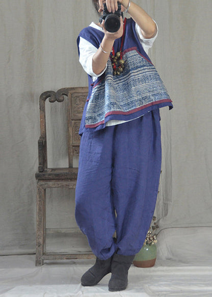 Blue O-neck Patchwork Linen Tank Top Fall