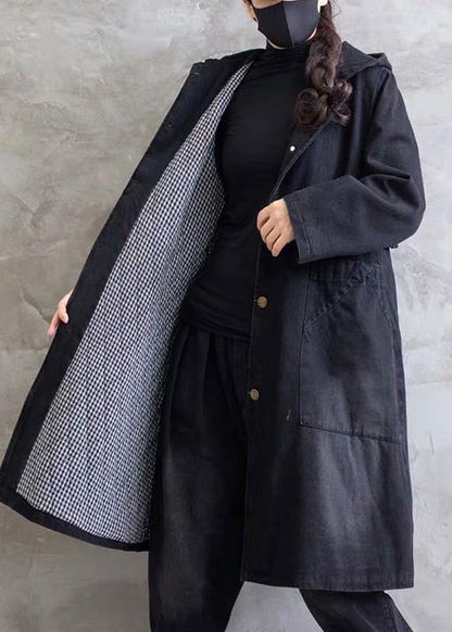Overcoat Denim Black Hooded Ruffles Outwear