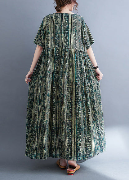 Green O-neck Cinched Print Extra Large Hem Long Dresses Short Sleeve