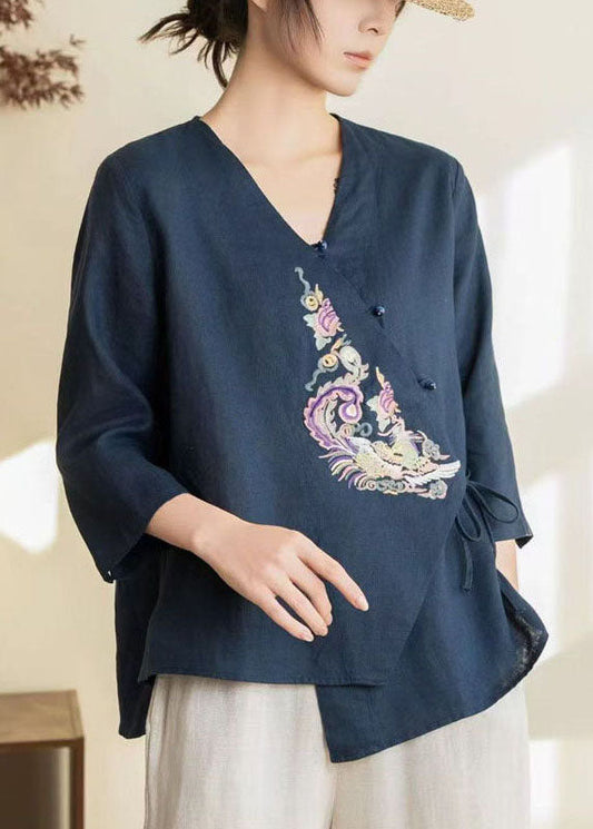 Navy Embroidered Tie Waist Linen Shirts Spring