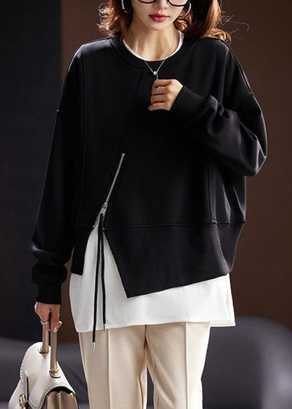 Loose Black Zippered Front Open Cotton Sweatshirt Long Sleeve