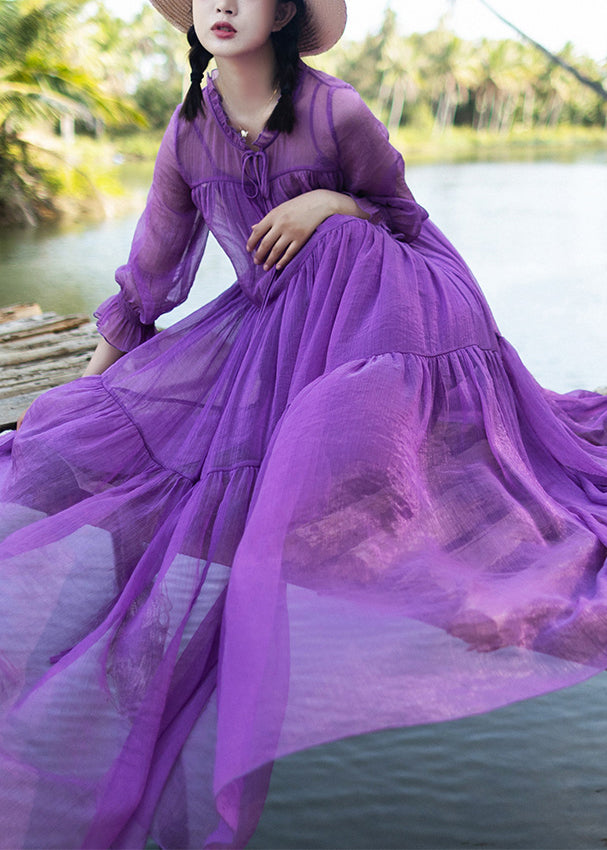 Diy Purple O-neck Neck Tie Patchwork Chiffon Long Holiday Dresses Spring