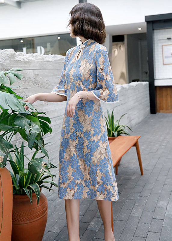 Blue Stand Collar Button Lace Cheongsam Dress Half Sleeve