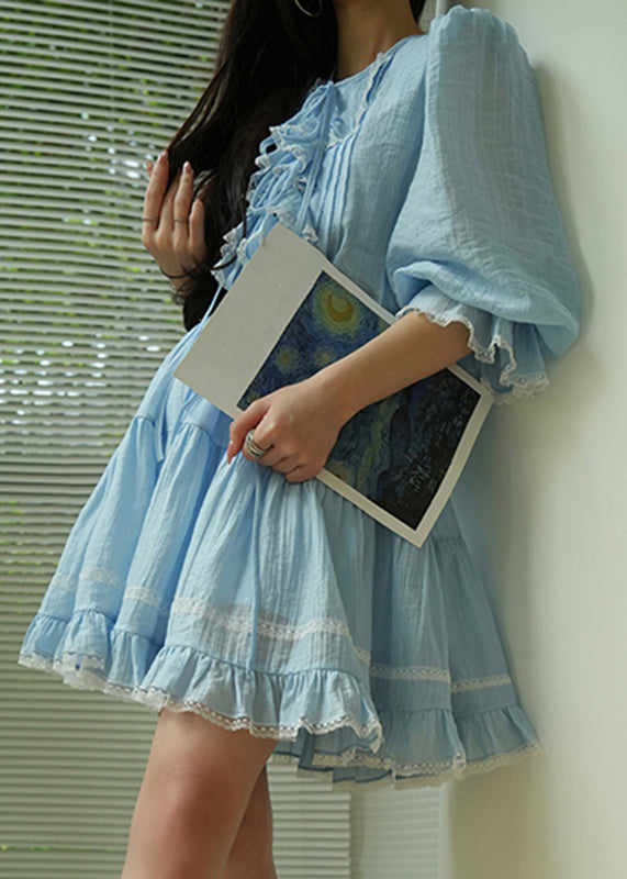 Blue O-neck Lace Patchwork Silk Cotton Top and Skirts Two Pieces Set Summer