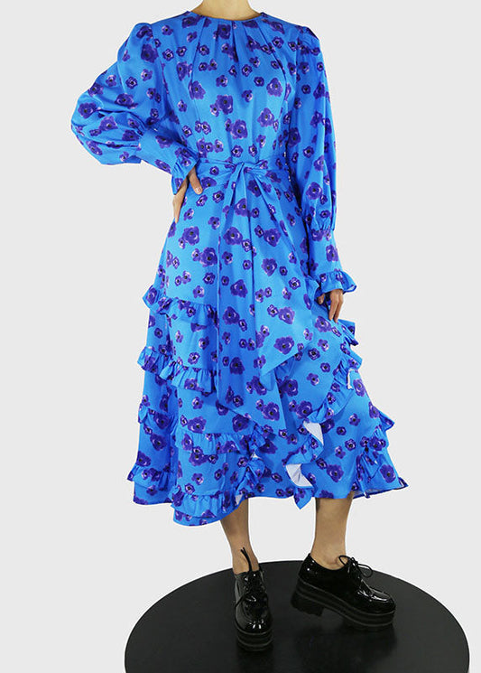 Blue O-neck Tie Waist Ruffled Print Dress Spring