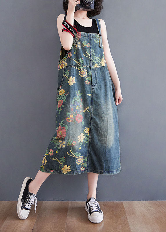 Blue Pockets Print Patchwork Denim Dresses Summer