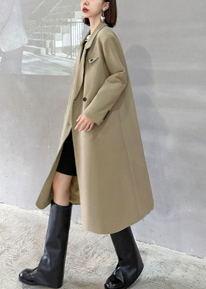 Simple Khaki Peterpan Collar Pockets Button Fall Long Sleeve Coat