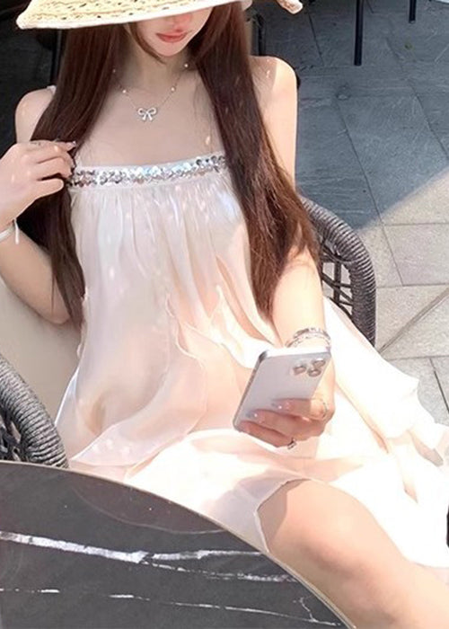 Apricot Sequins Silk Spaghetti Strap Dress Sleeveless