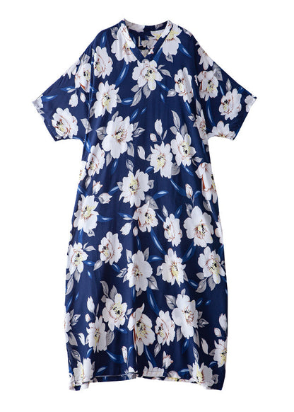 Blue V Neck Cotton Robe Dress Summer