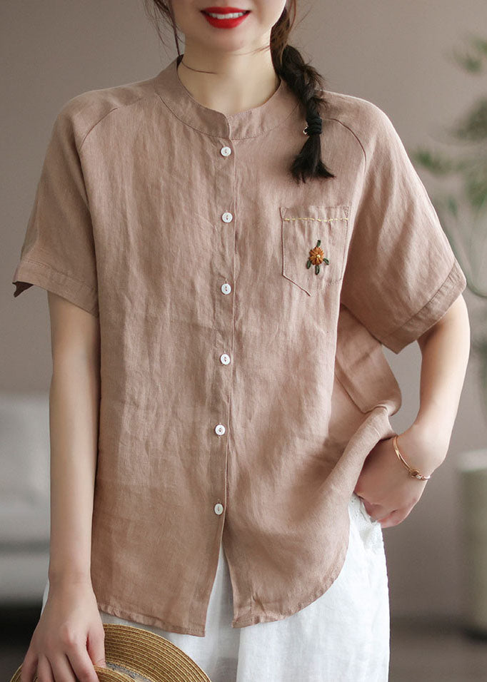 Khaki Loose Linen Shirt Top Embroideried Button Short Sleeve