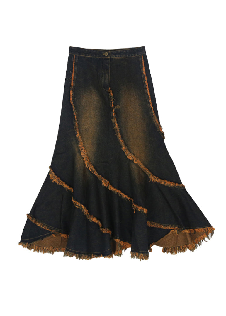 Slim Fit Blue Asymmetrical Tasseled Patchwork Denim Skirt Spring