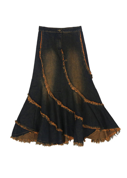 Slim Fit Blue Asymmetrical Tasseled Patchwork Denim Skirt Spring