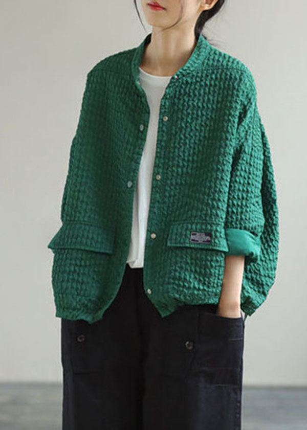 Art Green O-neck Pockets Patchwork Cotton Coats Spring