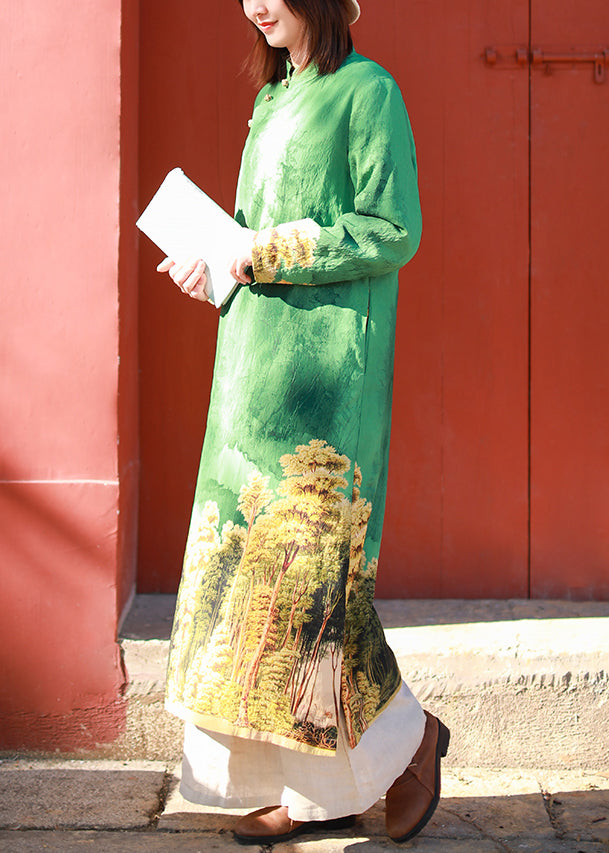 Green Stand Collar Side Open Print Dresses Long Sleeve