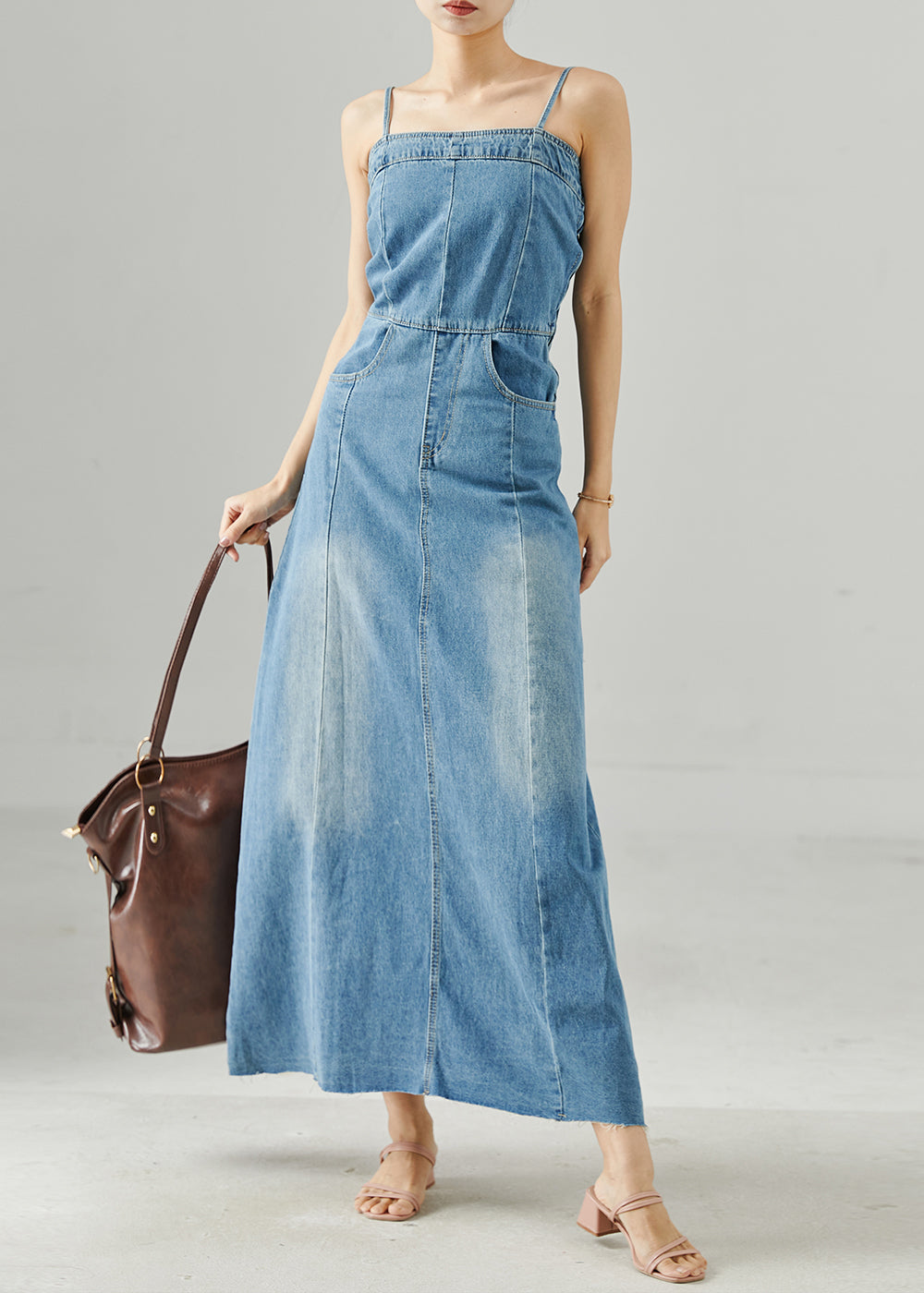 Blue Silm Fit Denim Spaghetti Strap Dress Summer