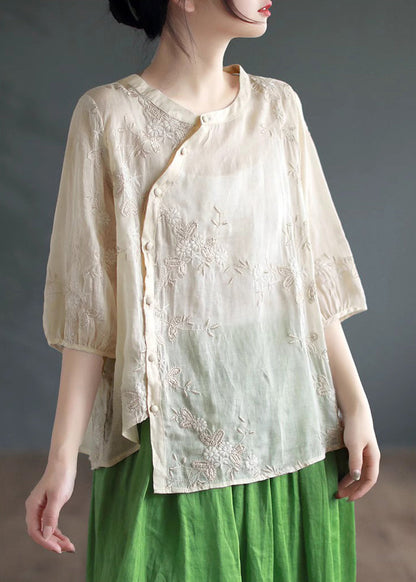 Apricot Embroideried Patchwork Linen Blouses O Neck Half Sleeve