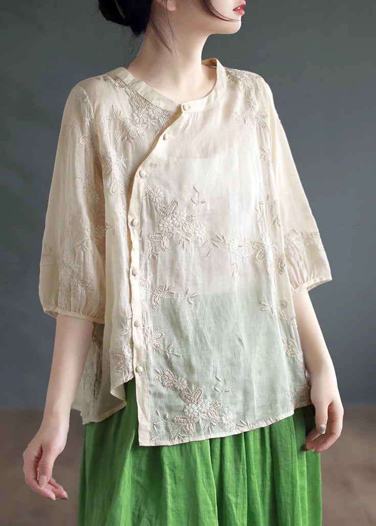 Apricot Embroideried Patchwork Linen Blouses O Neck Half Sleeve