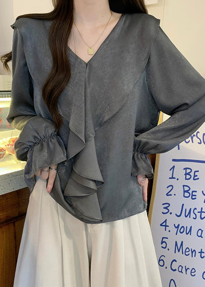 Grey Ruffles Oversized Chiffon Shirts Fall