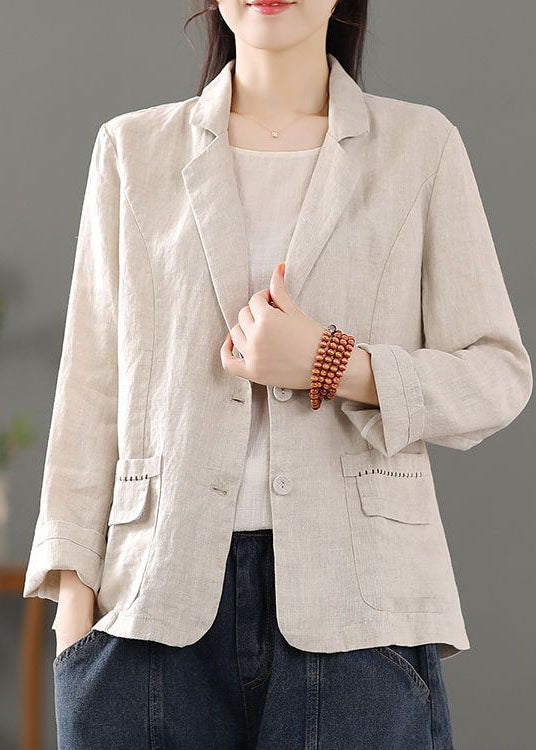 Beige Pockets Patchwork Button Linen Coats Spring